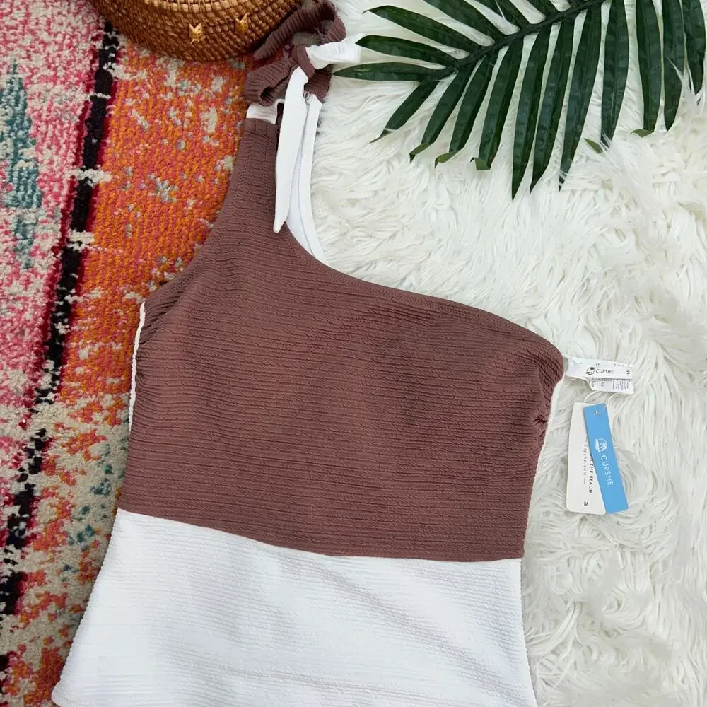 NEW Cupshe Neutral Brown White One Shoulder One Piece Swimsuit Medium Summer - Picture 3 of 5